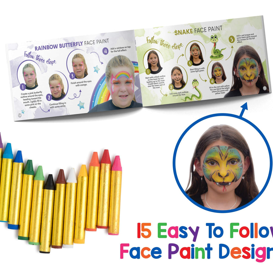 Dress-Up-America Face Paint Crayons - With Artbook & Easy To Follow Facepainting Designs -Safe Non-Toxic Face And Body Paint Made in Taiwan - Halloween Makeup Face Painting Kit for Kids & Adults