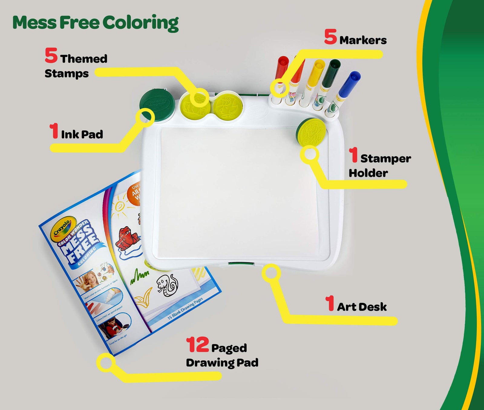 Crayola Color Wonder Mess Free Art Desk with Stamps, 20+ Pieces, Kids Toys