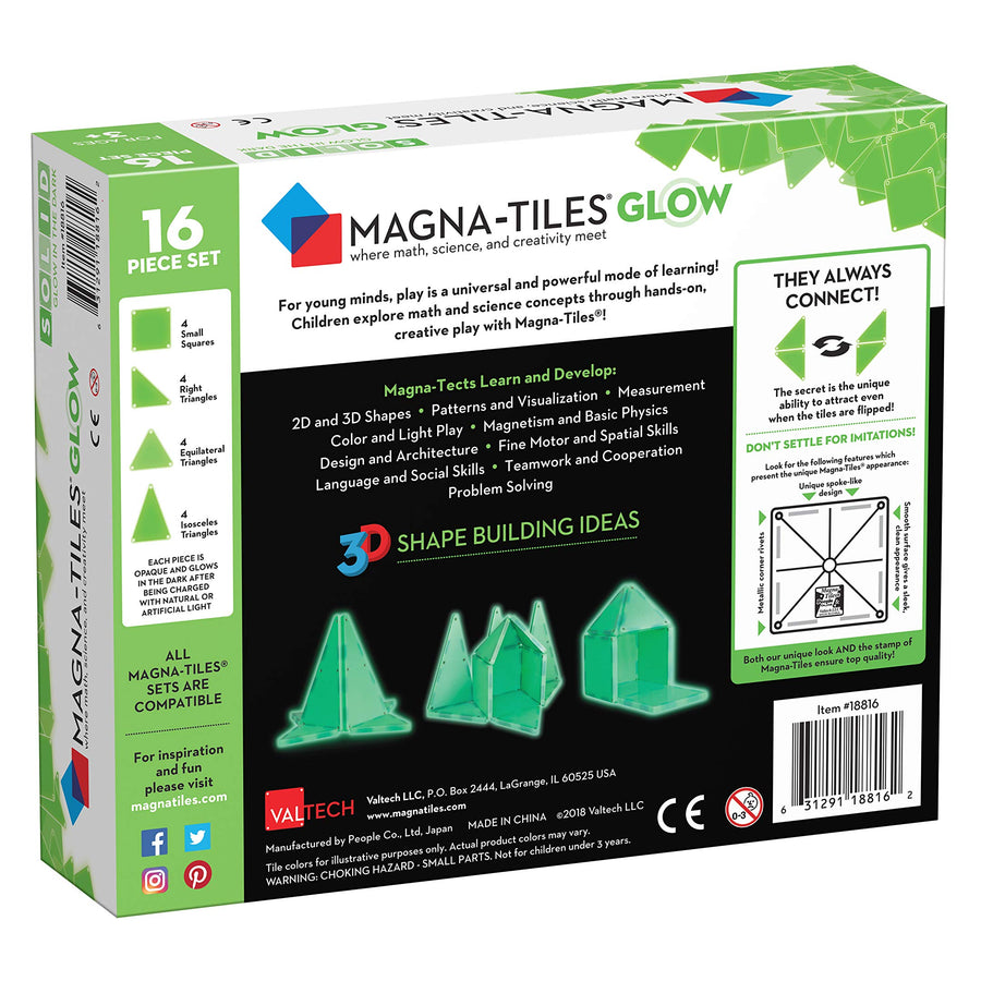 Magna-Tiles Glow In The Dark Set, The Original Magnetic Building Tiles For Creative Open-Ended Play, Educational Toys For Children Ages 3 Years + (16 Pieces + LED Light Included)