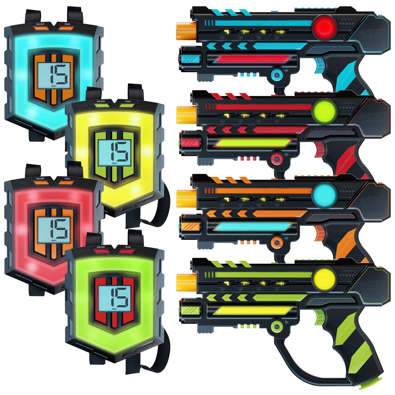 Rechargeable Laser Tag Set + Innovative LCDs and Sync – 4 Infrared Guns & Vests - Gifts for Teens and Adults Boys & Girls - Outdoor Games - Cool Group Activity Family Fun - Gift for Kids Ages 8-12 +
