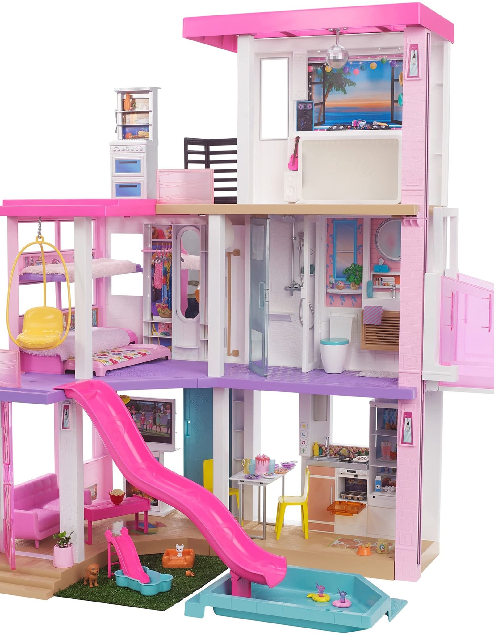 Barbie Dreamhouse (3.75-ft) 3-Story Dollhouse Playset with Pool & Slide, Party Room, Elevator, Puppy Play Area, Customizable Lights & Sounds, 75+ Pieces, Gift for 3 to 7 Year Olds, New for 2021