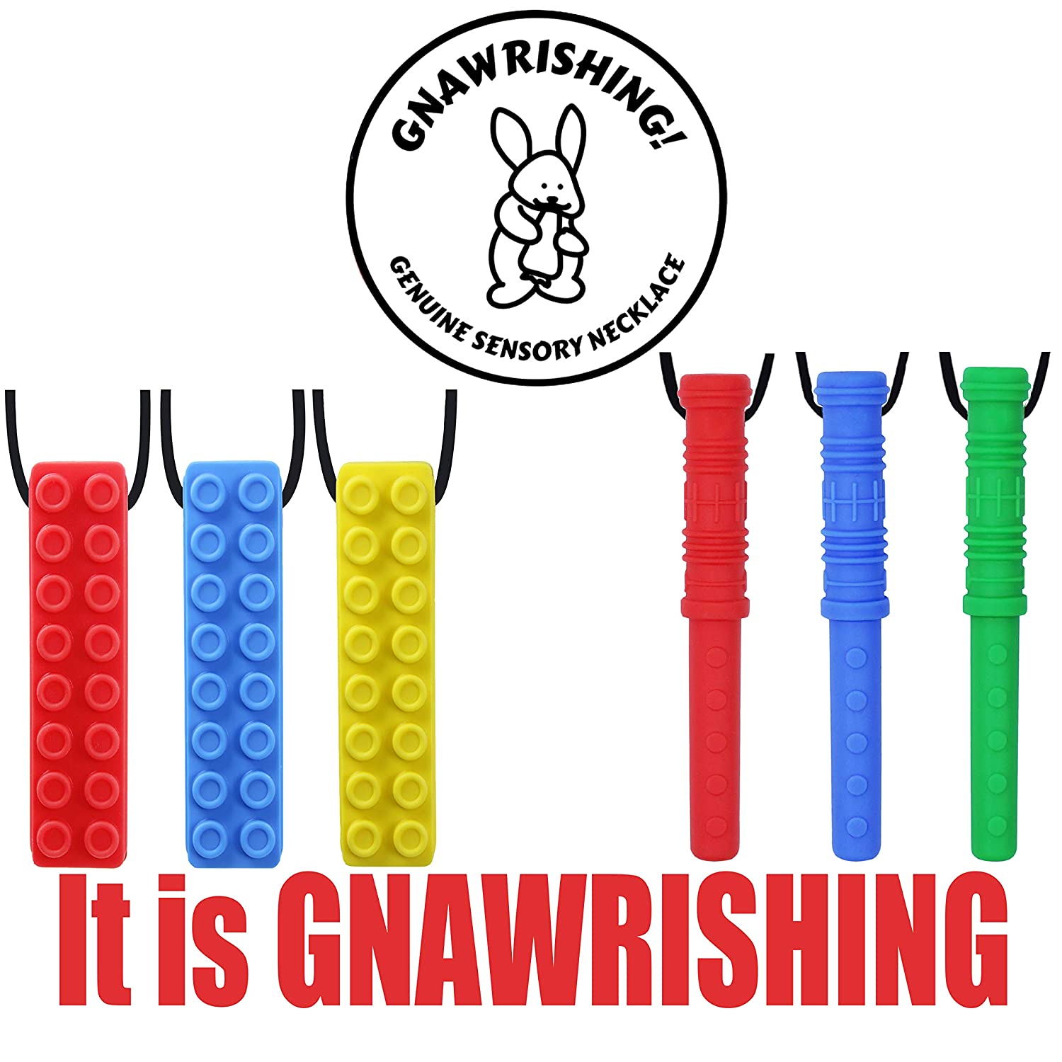 Chew Necklace by GNAWRISHING - 6-Pack - Perfect for Autistic, ADHD, SPD, Oral Motor Children, Kids, Boys, and Girls (Tough, Long-Lasting)