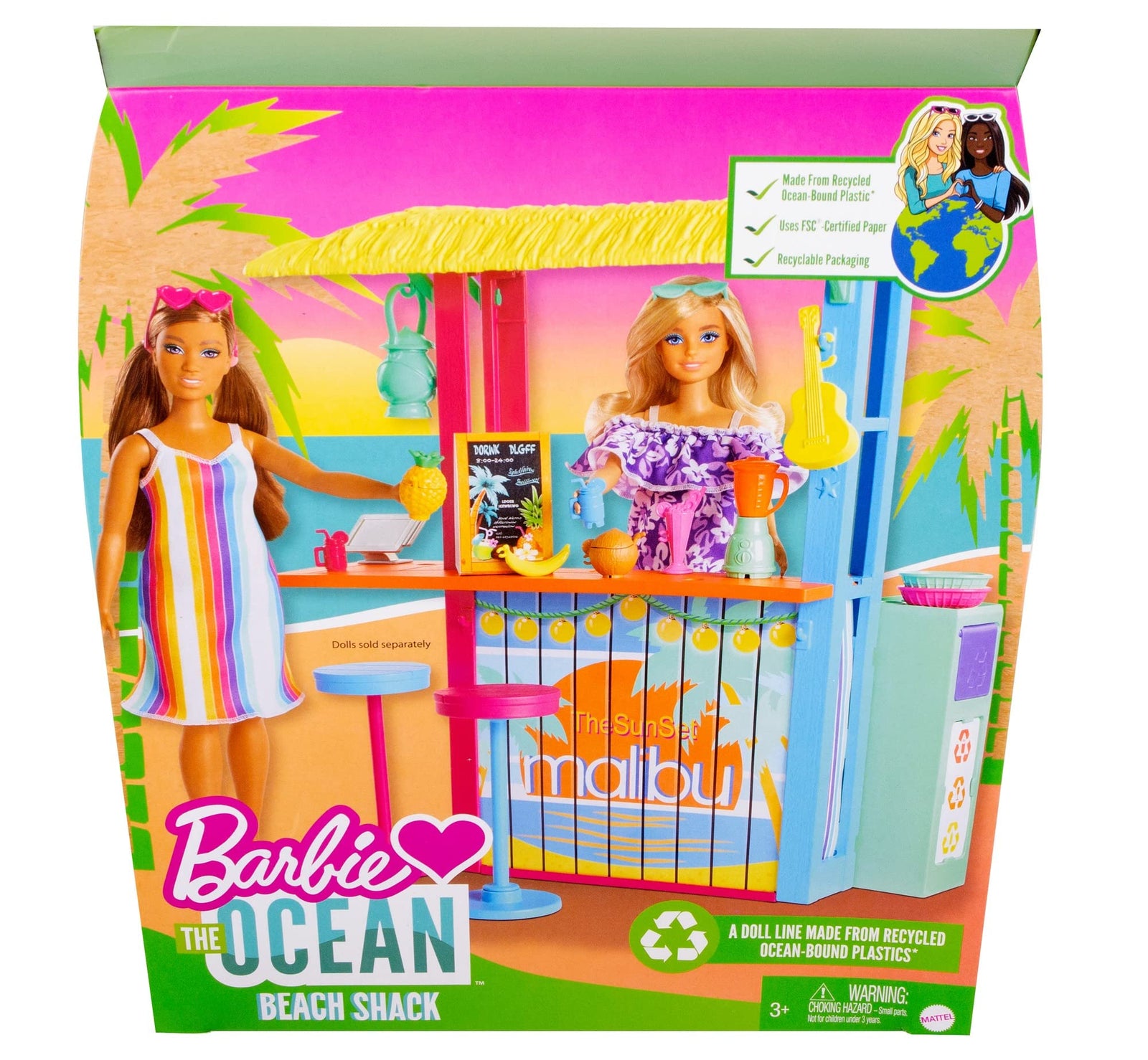 Barbie Loves The Ocean Beach Shack Playset with 18+ Accessories, Made from Recycled Plastics, Gift for 3 to 7 Year Olds