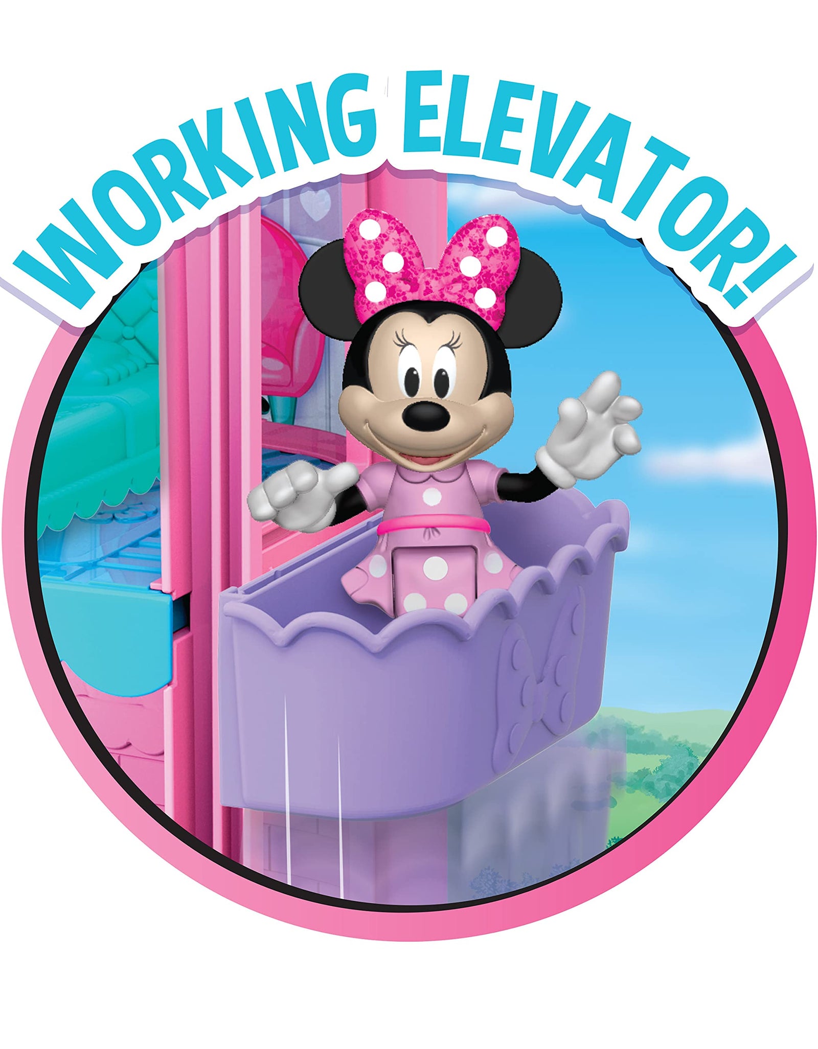 Minnie Mouse Bow-Tel Hotel, 2-Sided Playset with Lights, Sounds, and Elevator, 20 Pieces, Includes Minnie Mouse, Daisy Duck, and Snowpuff Figures, by Just Play