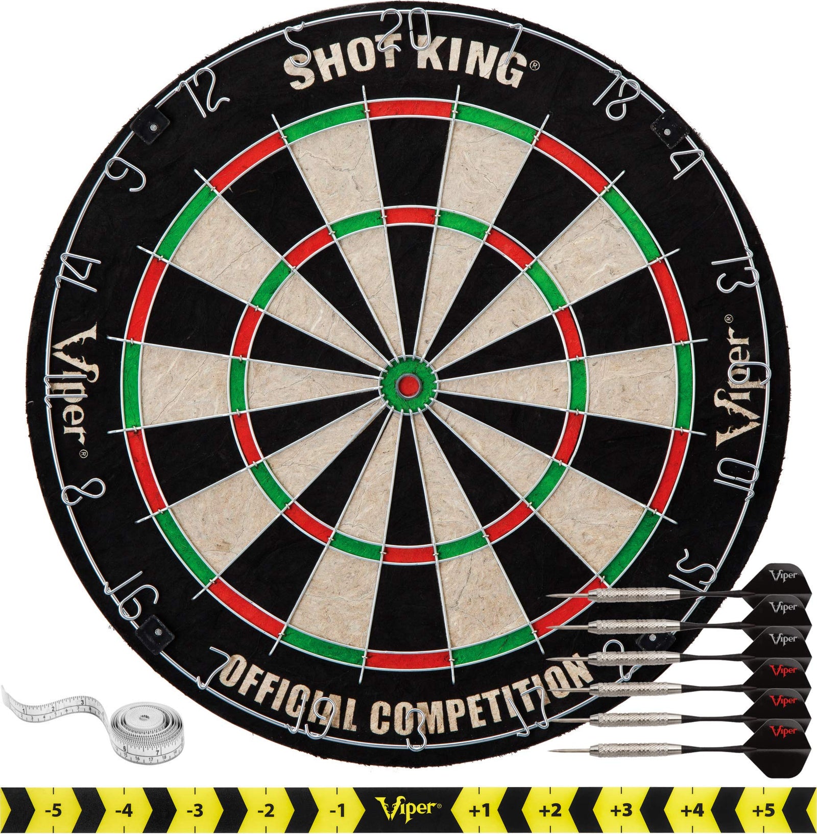 Viper by GLD Products Shot King Regulation Bristle Steel Tip Dartboard Set with Staple-Free Bullseye, Galvanized Metal Radial Spider Wire; High-Grade Compressed Sisal Board with Rotating Number Ring, Includes 6 Darts, Black, 17.75 inch