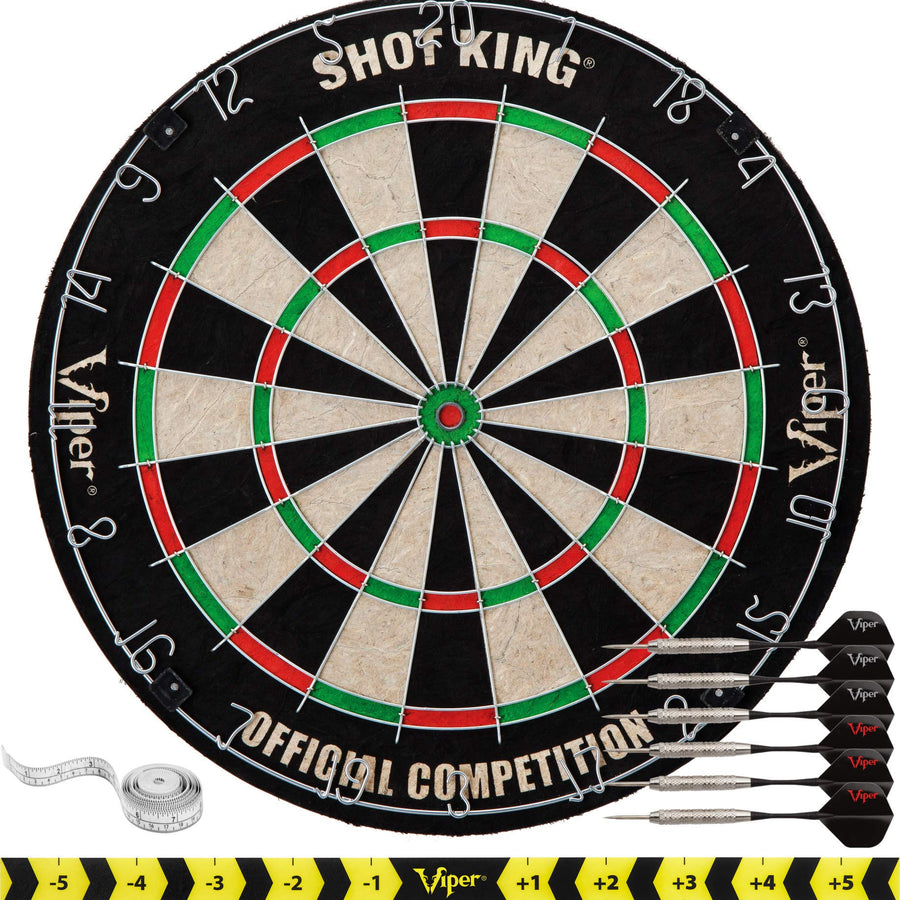 Viper by GLD Products Shot King Regulation Bristle Steel Tip Dartboard Set with Staple-Free Bullseye, Galvanized Metal Radial Spider Wire; High-Grade Compressed Sisal Board with Rotating Number Ring, Includes 6 Darts, Black, 17.75 inch