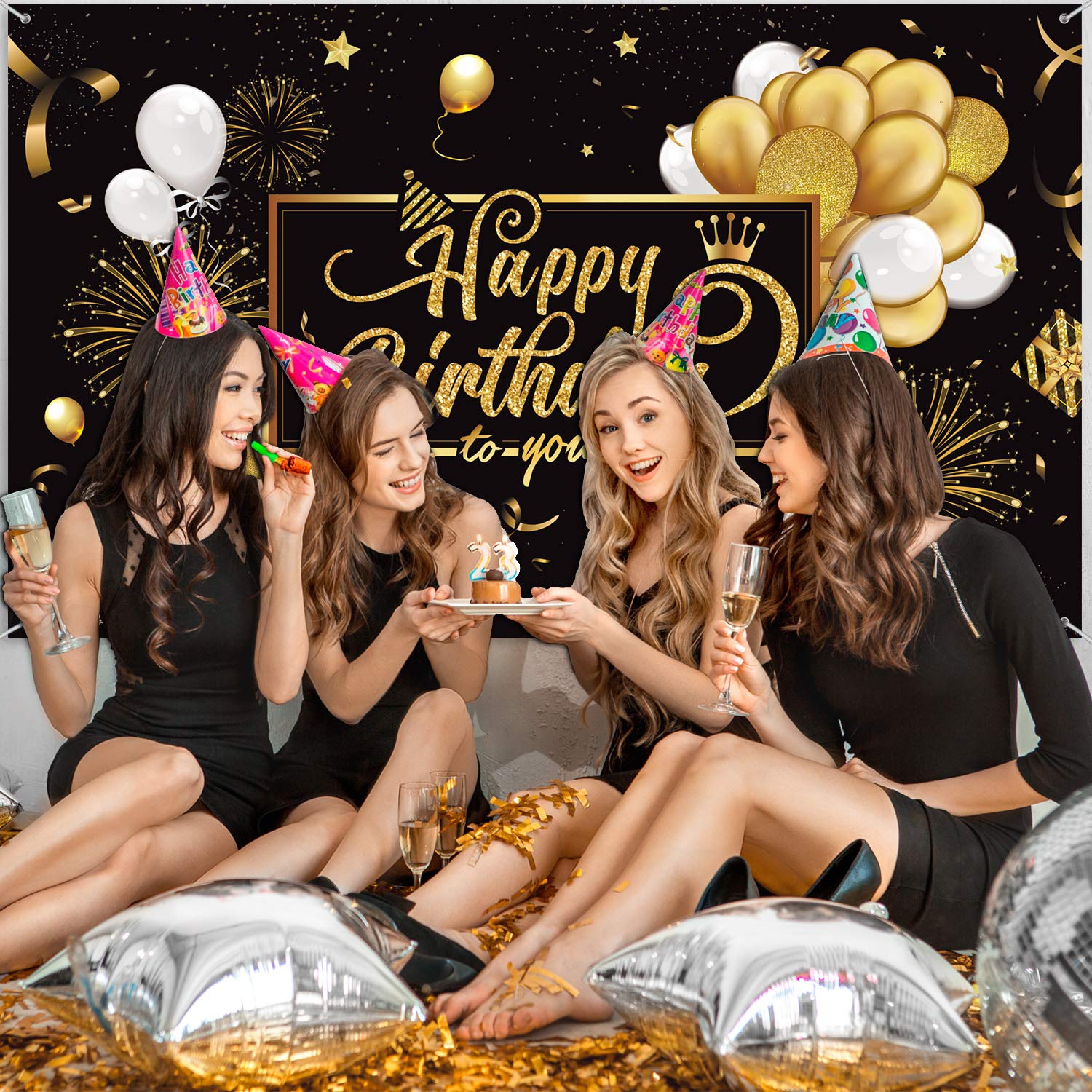 Happy Birthday Backdrop Banner Large Black Gold Balloon Star Fireworks Party Sign Poster Photo Booth Backdrop for Men Women 30th 40th 50th 60th 70th 80th Birthday Party Decorations, 72.8 x 43.3 Inch