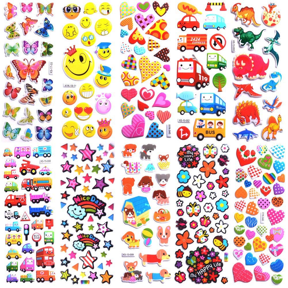 Kids Stickers 1000+, 40 Different Sheets, 3D Puffy Stickers for Kids, Bulk Stickers for Girl Boy Birthday Gift, Scrapbooking, Teachers, Toddlers, Including Animals, Stars, Fishes, Hearts and More