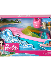 Barbie Boat with Puppy and Themed Accessories, Fits 3 Dolls, Floats in Water, Great Gift for 3 to 7 Year Olds
