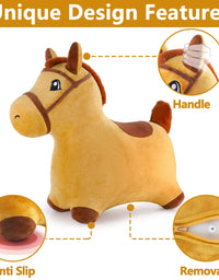 iPlay, iLearn Bouncy Pals Yellow Hopping Horse, Outdoor Ride on Bouncy Animal Play Toys, Inflatable Hopper Plush Covered W/ Pump, Activitie Gift for 18 Months 2 3 4 5 Year Old Kids Toddlers Boys Girls
