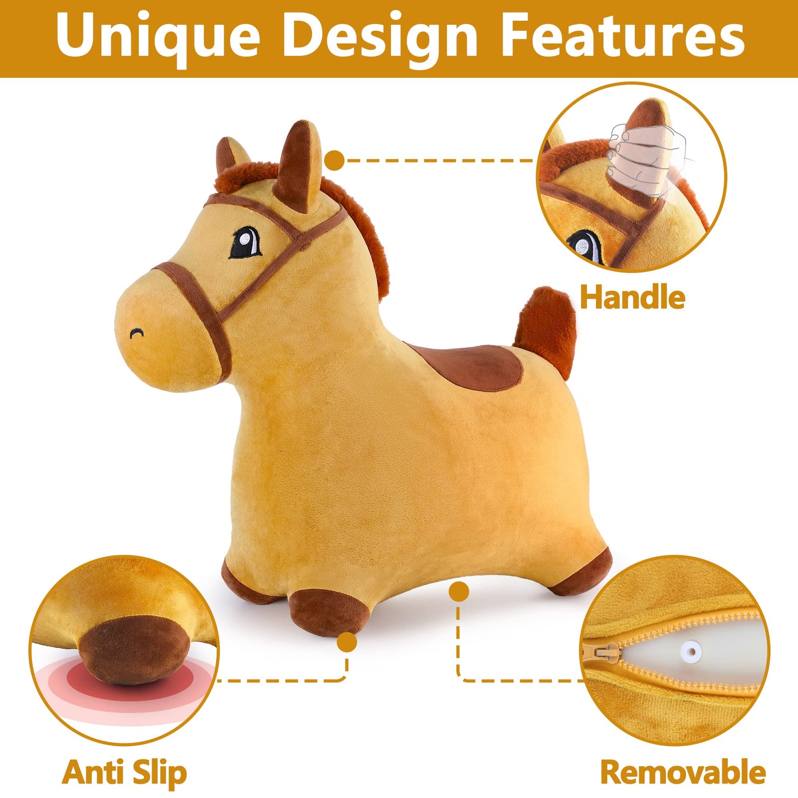 iPlay, iLearn Bouncy Pals Yellow Hopping Horse, Outdoor Ride on Bouncy Animal Play Toys, Inflatable Hopper Plush Covered W/ Pump, Activitie Gift for 18 Months 2 3 4 5 Year Old Kids Toddlers Boys Girls