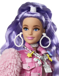 Barbie Extra Doll #6 in Pink Teddy Bear Print Denim Jacket & Matching Shorts with Pet Puppy, Long Periwinkle Hair, Layered Outfit & Accessories, Multiple Flexible Joints
