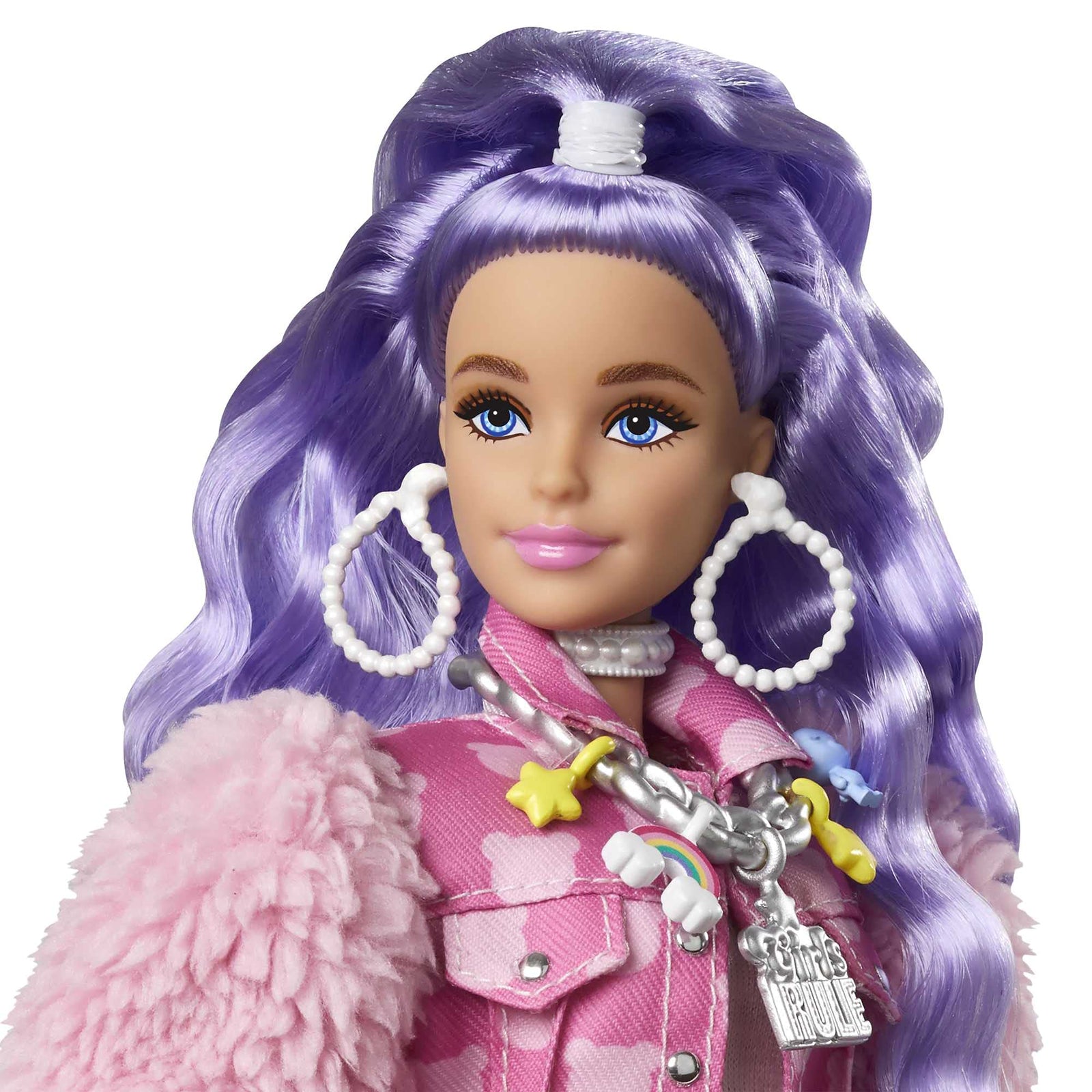 Barbie Extra Doll #6 in Pink Teddy Bear Print Denim Jacket & Matching Shorts with Pet Puppy, Long Periwinkle Hair, Layered Outfit & Accessories, Multiple Flexible Joints