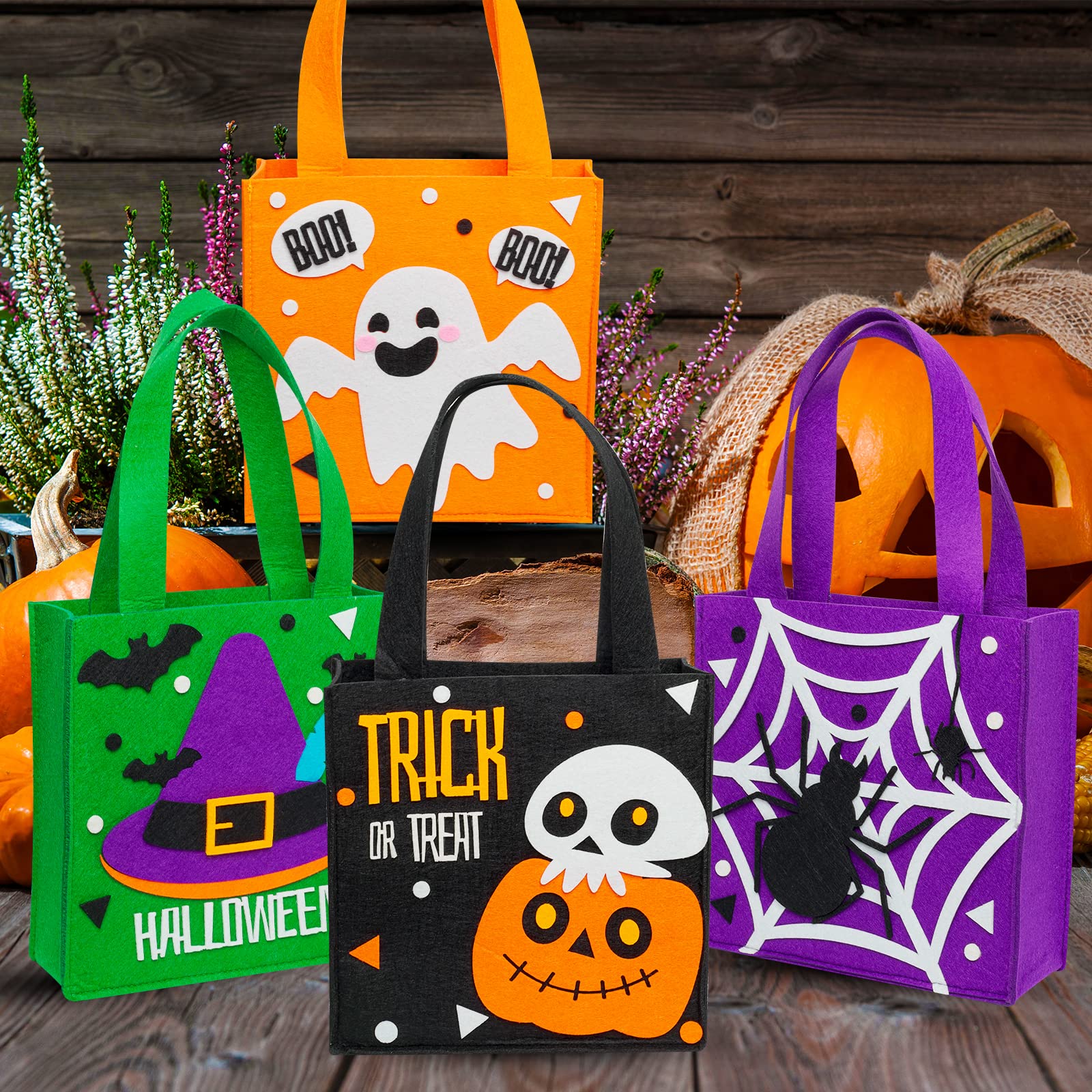 4 Pack Candy Felt Holder Halloween Bags Trick or Treat Gift Bags for Kids, Halloween Boo Spooky Baskets, Trick or Treating Bags, Halloween Candy Bags, Halloween Snacks Bucket, Halloween Goodie Bags