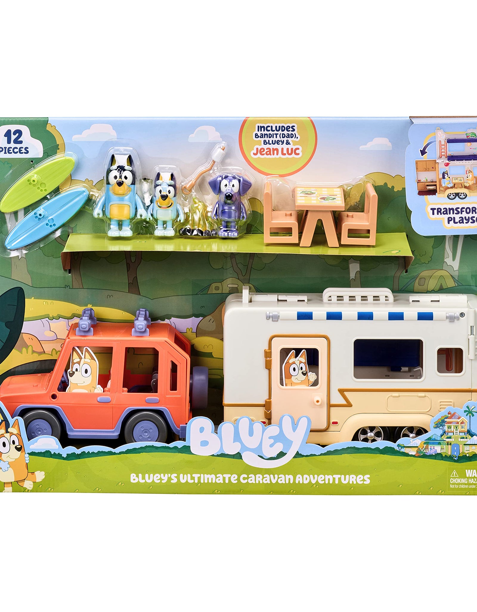 Bluey Ultimate Caravan Adventures - Caravan Playset and Three 2.5-3" Figures & 4WD Family Vehicle with 2 Surfboards