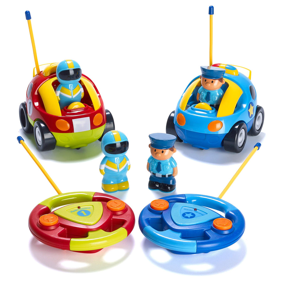 Prextex Pack of 2 Cartoon R/C Police Car and Race Car Radio Control Toys for Kids- Each with Different Frequencies So Both Can Race Together