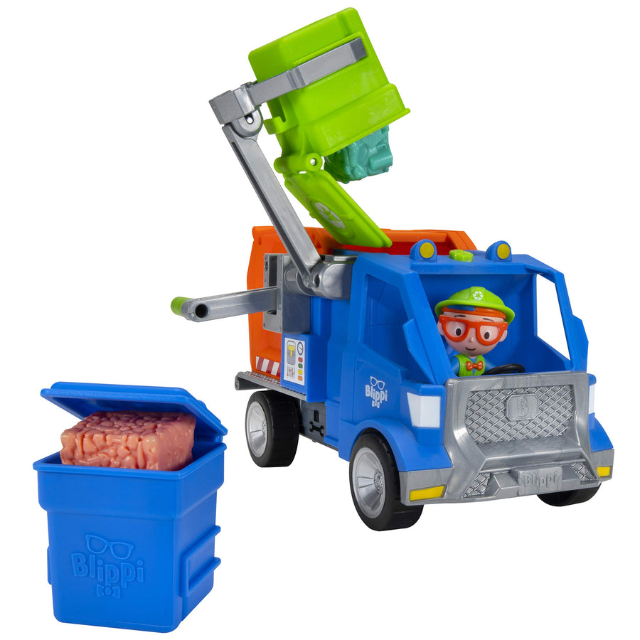 Blippi Recycling Truck - Includes Character Toy Figure, Working Lever, 2 Trash Cubes, 2 Recycling Bins - Sing Along with Popular Catchphrases - Educational Toys for Kids - Amazon Exclusive