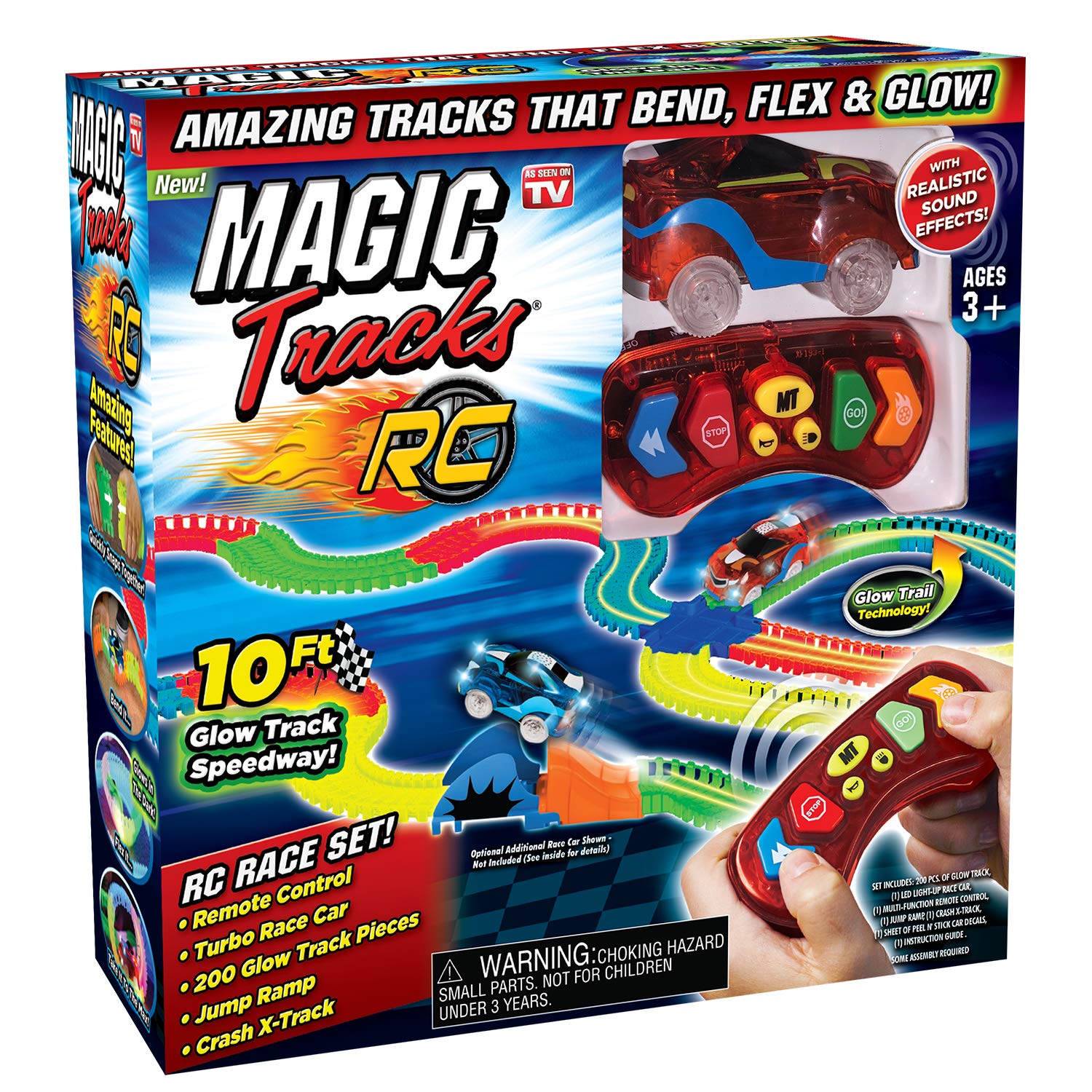 Ontel Magic Tracks RC - Remote Control Turbo Race Cars & 10 ft of Flexible, Bendable Glow in the Dark Racetrack - As Seen on TV, Color may Vary