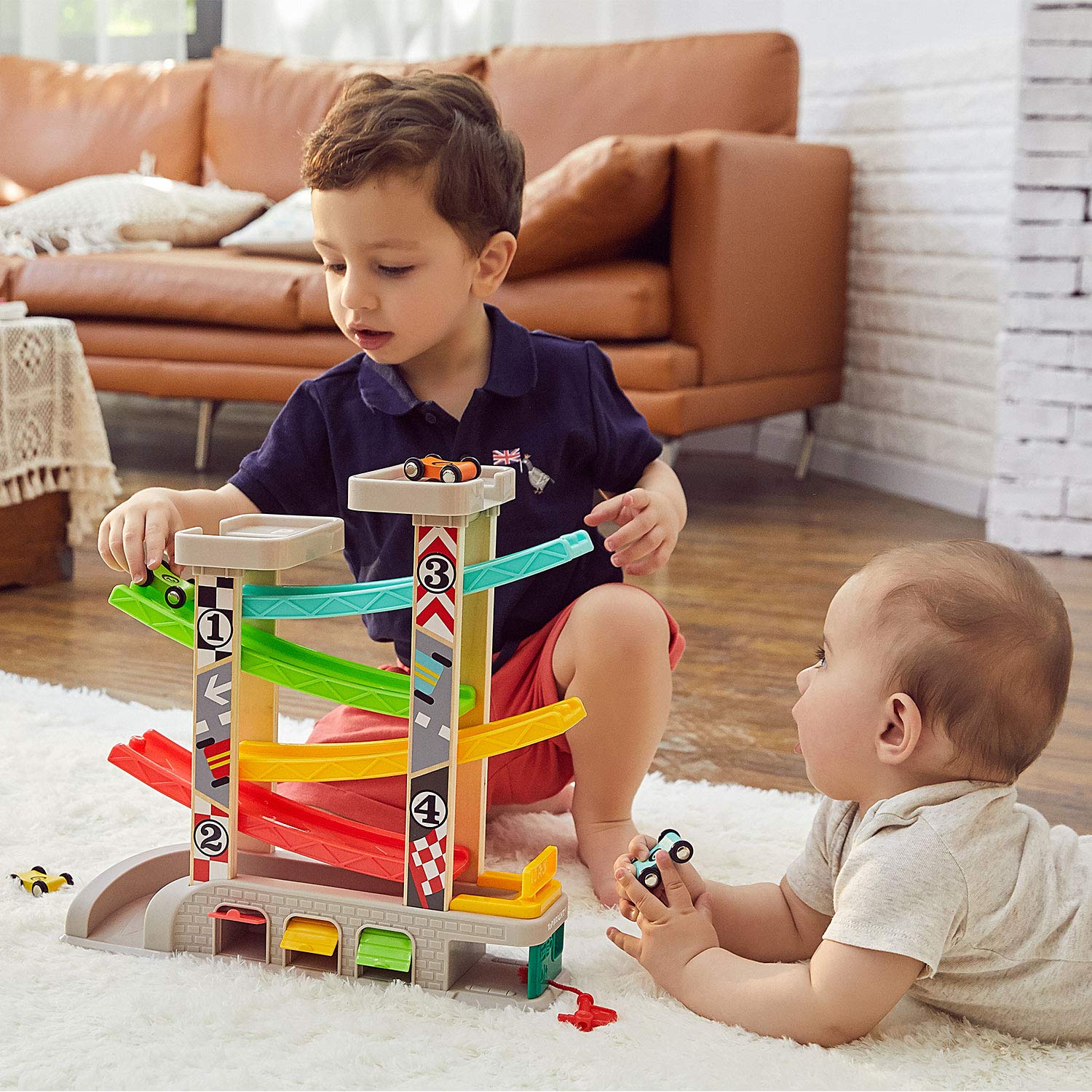 TOP BRIGHT Car Ramp Toy for 1 2 3 Year Old Boy Gifts, Toddler Race Track Toy with 4 Wooden Cars and 3 Car Garage