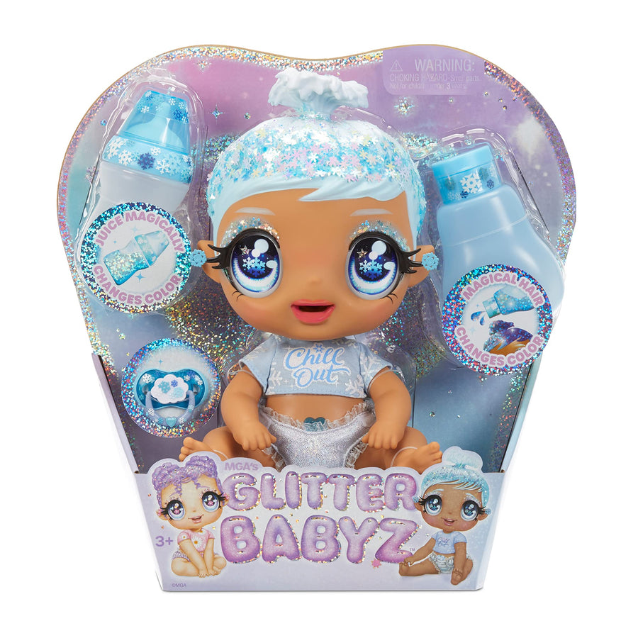 MGA'S Glitter BABYZ January Snowflake Baby Doll with 3 Magical Color Changes Blue Hair, Winter Snowflakes Outfit, Diaper, Bottle, Accessories- Gift for Kids, Toy for Girls Boys Ages 3 4 5+ Years Old