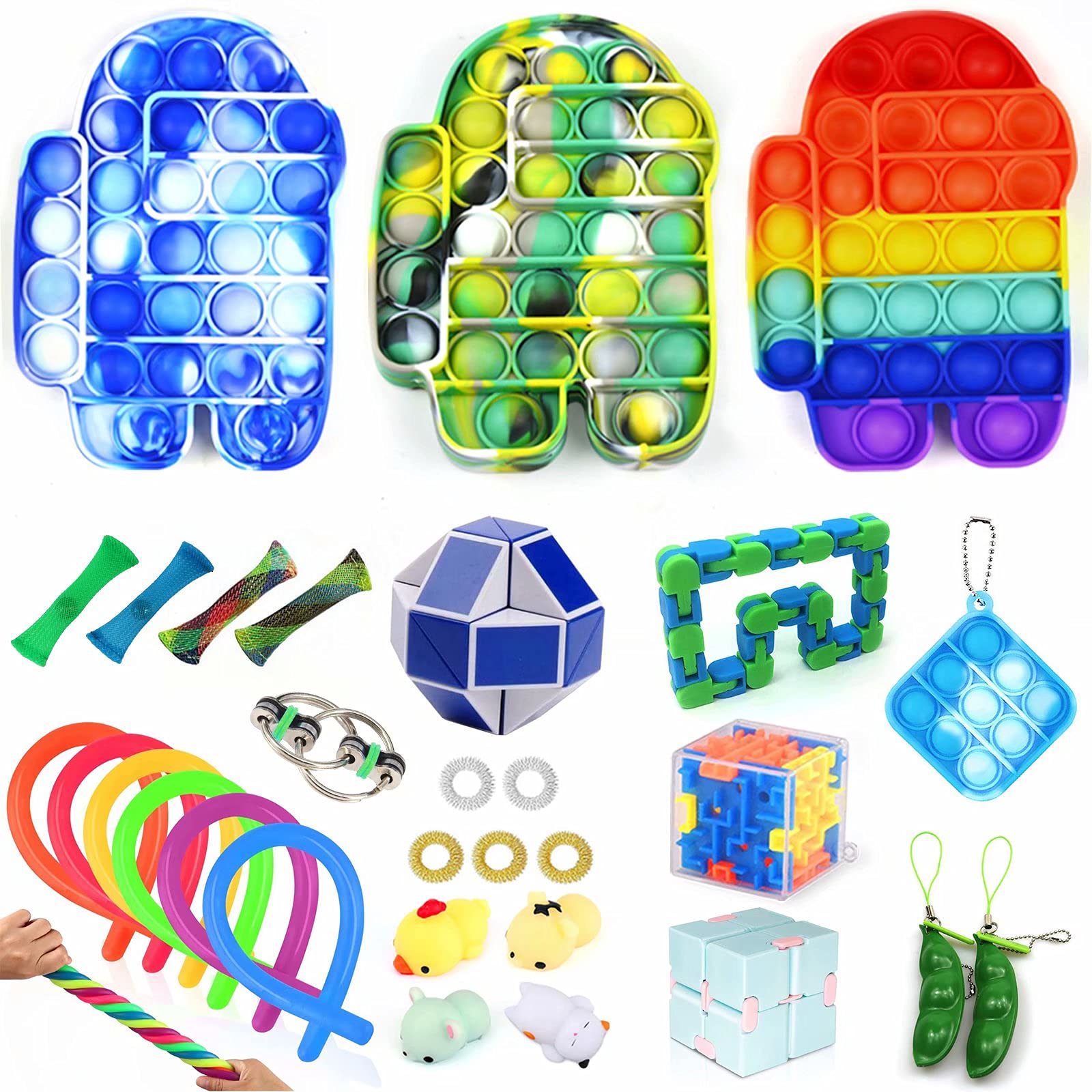 RURING 30pcs Fidget Toys Sensory Fidget Toys Set Fidget Toys Set Tangle Fidget Toys Anti-Anxiety Tools and Special Toys Fidget Toys Relieves Stress Squeeze Toy for Birthday Party Rainbow Colors