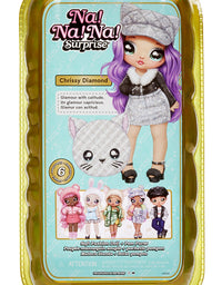 Na Na Na Surprise Glam Series Chrissy Diamond Fashion Doll & Metallic Cat Purse, Purple Hair, Cute Kitty Ear Hat Outfit & Accessories, 2-in-1 Gift for Kids, Toy for Girls & Boys Ages 5 6 7 8+ Years
