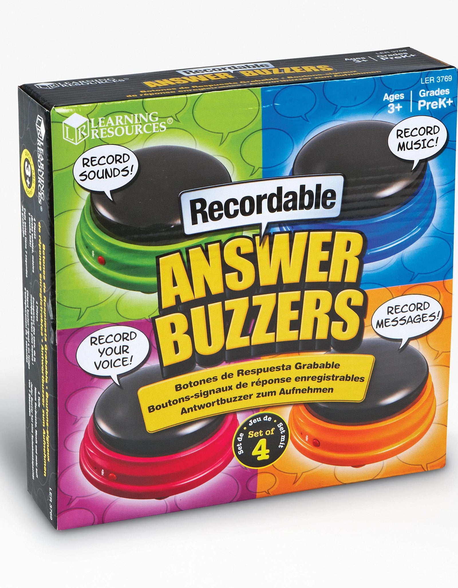 Learning Resources Recordable Answer Buzzers, Personalized Sound Buzzer, Recordable Buttons, Perfect for Game Nights, Set of 4, Ages 3+