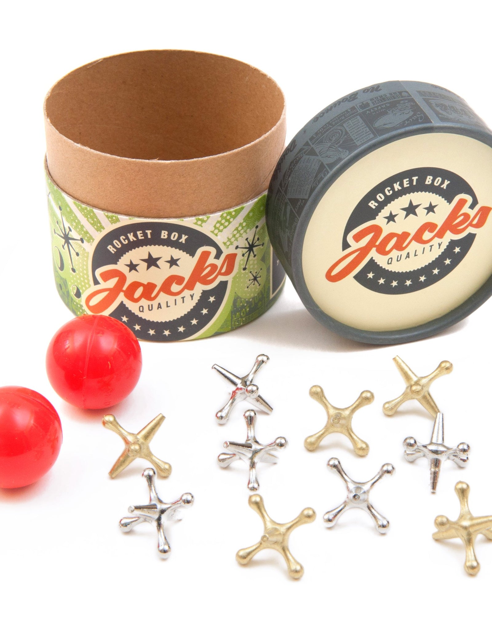 Rocket Box Jacks Game: Retro, New Vintage, Classic Game of Jacks, Gold and Silver Toned Jacks, Two Red Bouncy Balls and Set of Instructions, Fun for Kids and Adults of All Ages.