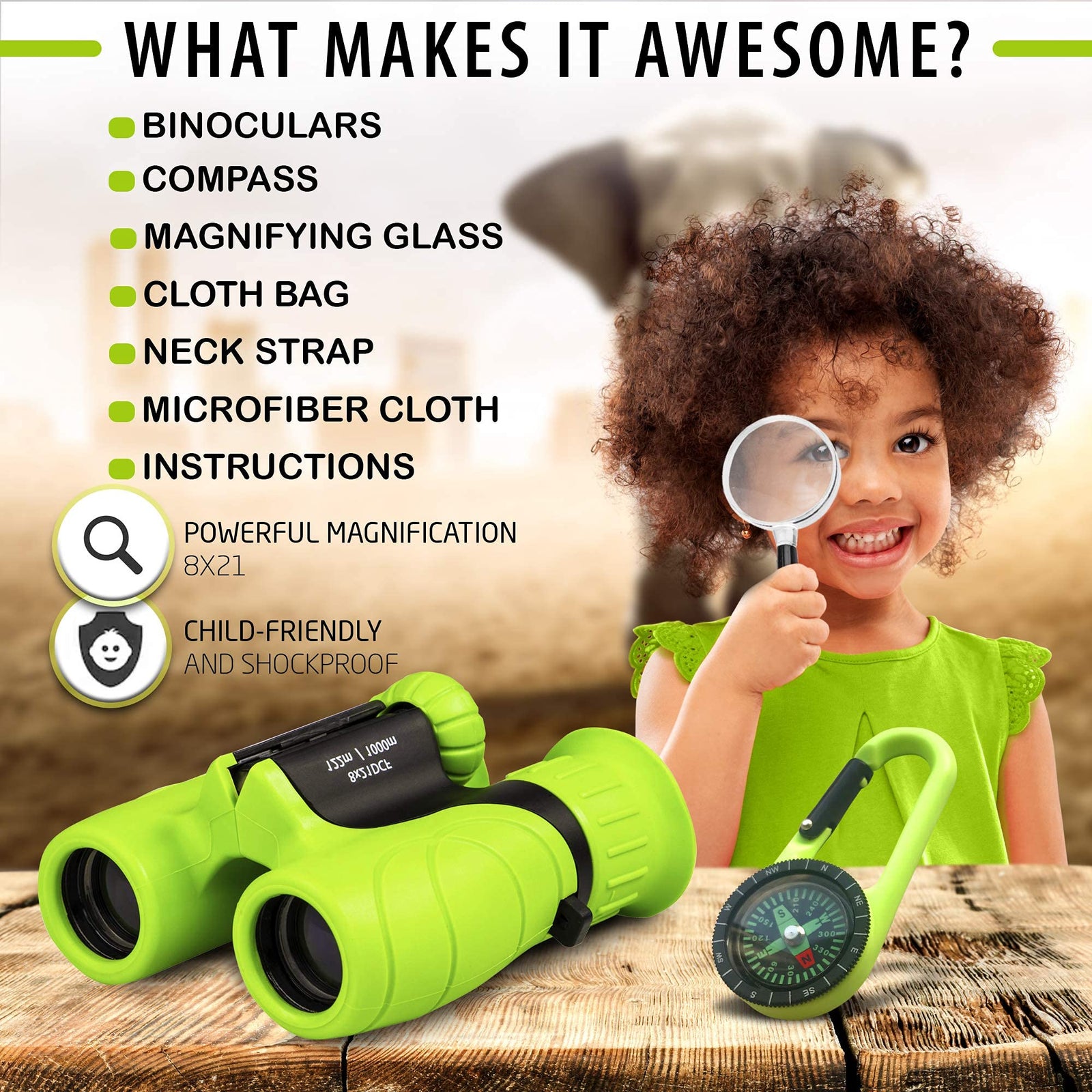 Promora Binoculars for Kids, Camping Set for Kids with Magnifying Glass & Compass (Green) - Toy Gift for 4 to 12 Year Old Boys and Girls