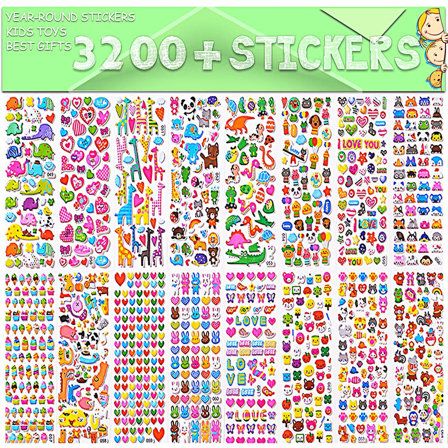 Stickers for Kids, 3D Puffy Stickers, 64 Different Sheets, 3200+ Stickers, Including Animals, Cars, Airplane, Food, Letters, Flowers, Pets, Cakes and Tons More
