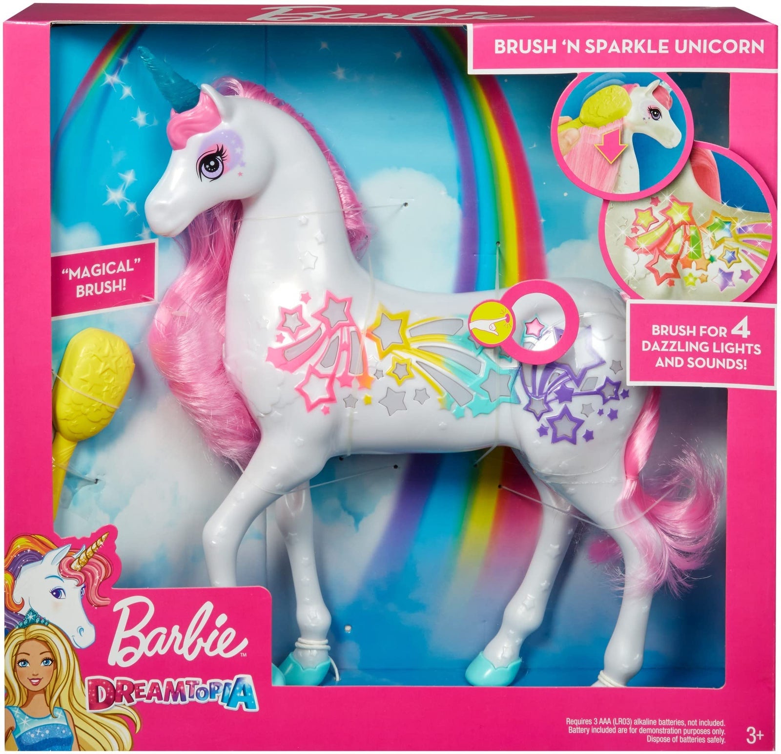 Barbie Dreamtopia Brush 'n Sparkle Unicorn with Lights and Sounds, White with Pink Mane and Tail, Gift for 3 to 7 Year Olds [Amazon Exclusive]