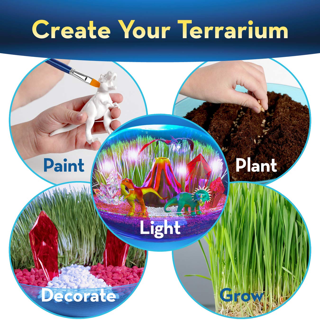 Little Growers Dinosaur Terrarium Kit for Kids with Neon Paint and LED Lights - Plant and Grow Mini Light Up Garden - Science and Craft Kits for Boys and Girls - STEM Age Gardening Gifts and Toys