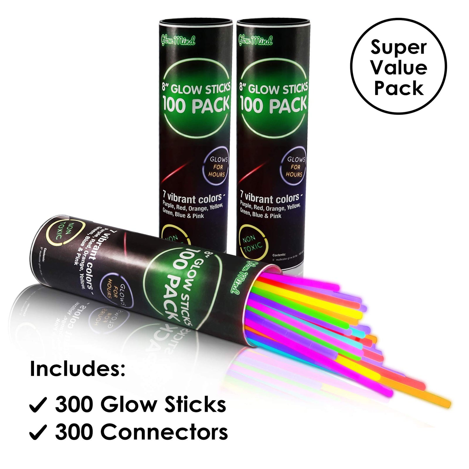 300 Glow Sticks Bulk Party Supplies - Halloween Glow in The Dark Fun Party Favors Pack with Connectors, Neon 8 inch Glowsticks Bracelets and Necklaces