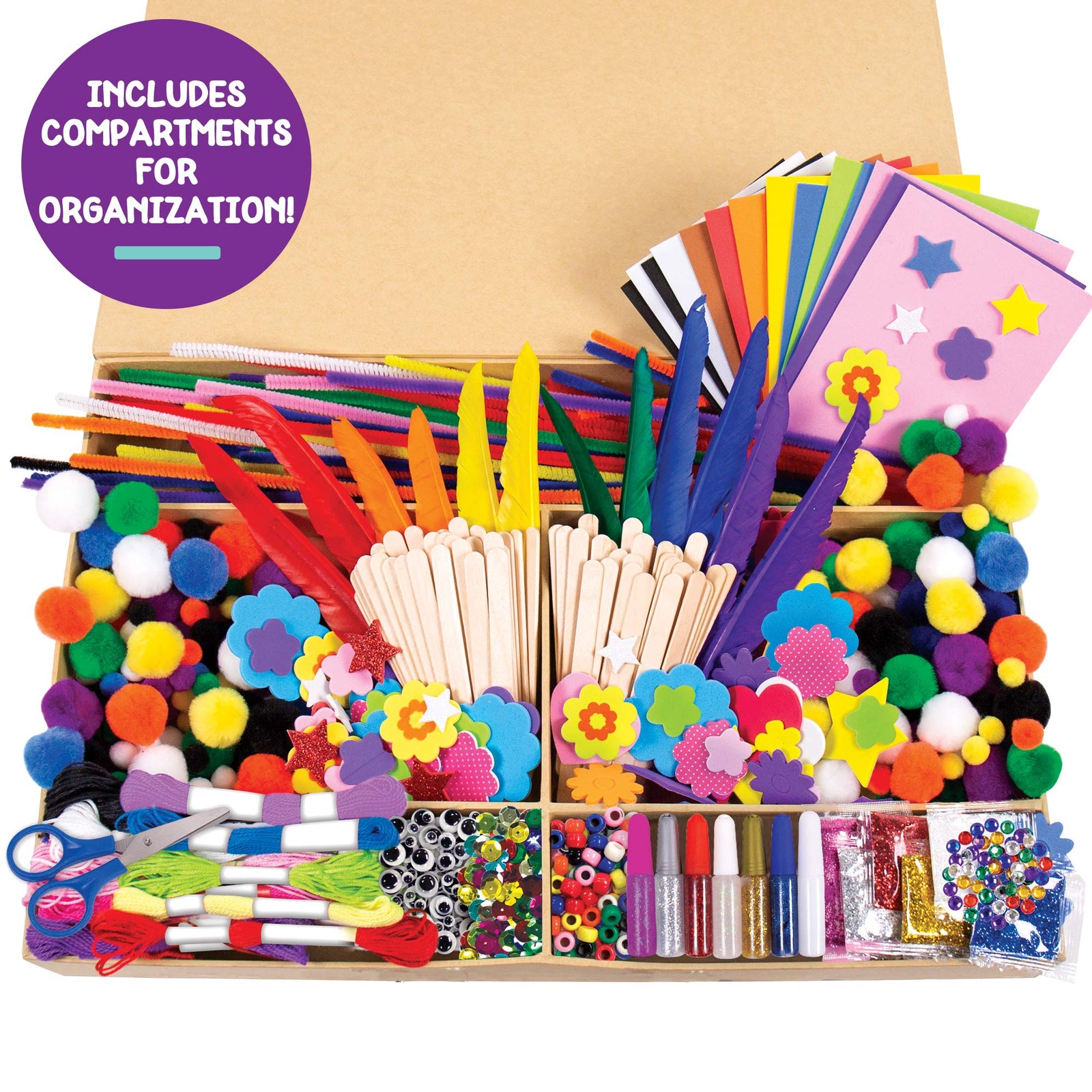 Horizon Group USA Giant 1000+ Pieces Ultimate Box of Arts & Crafts Supplies Set - Big DIY Kit for Kids & Toddlers, Homeschool, Preschool - Stickers,Feathers,Pipe Cleaners,Wood Sticks,Gemstones,Beads
