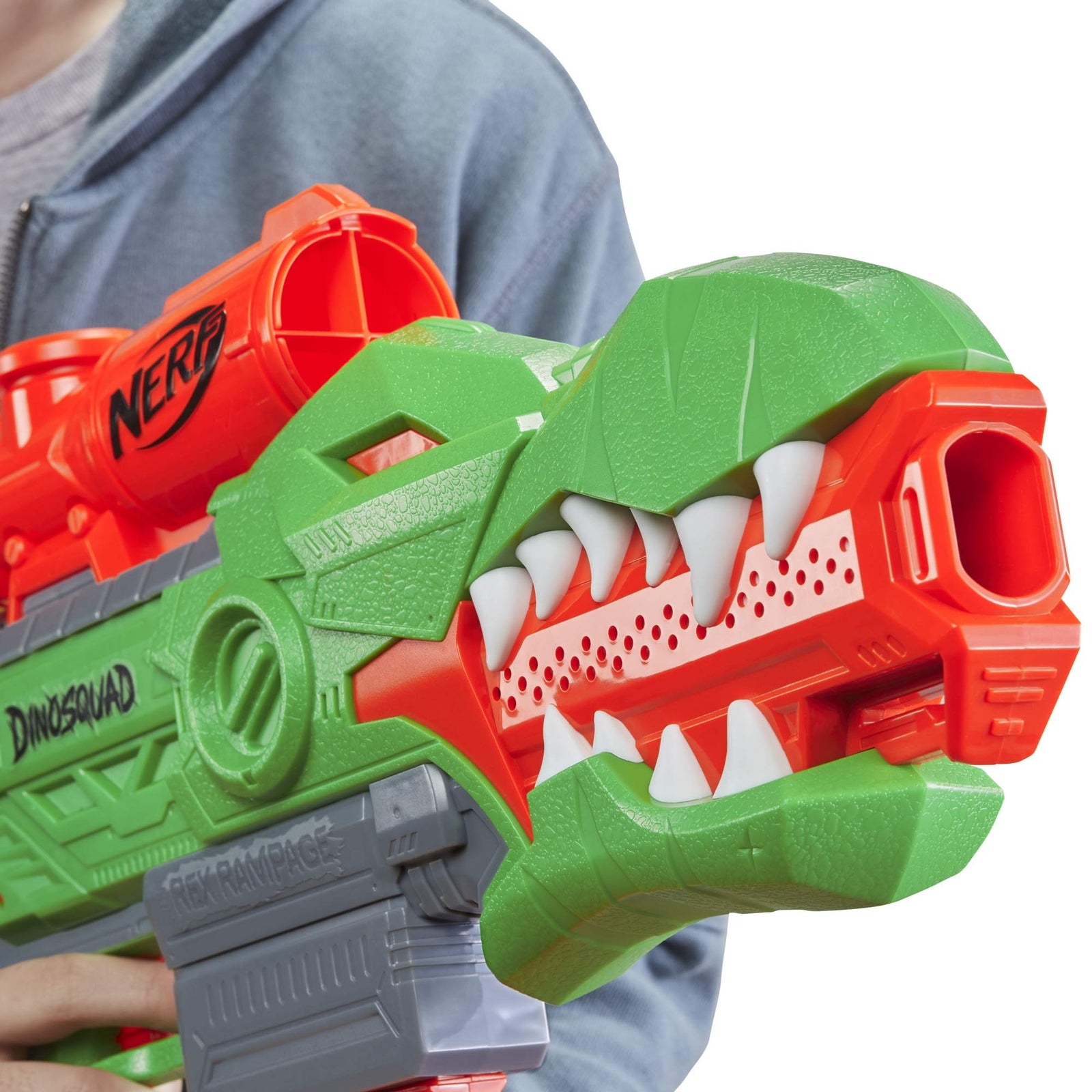 NERF DinoSquad Rex-Rampage Motorized Dart Blaster, 10-Dart Clip, 20 Official Darts, 10-Dart Storage- T-Rex Dinosaur Design