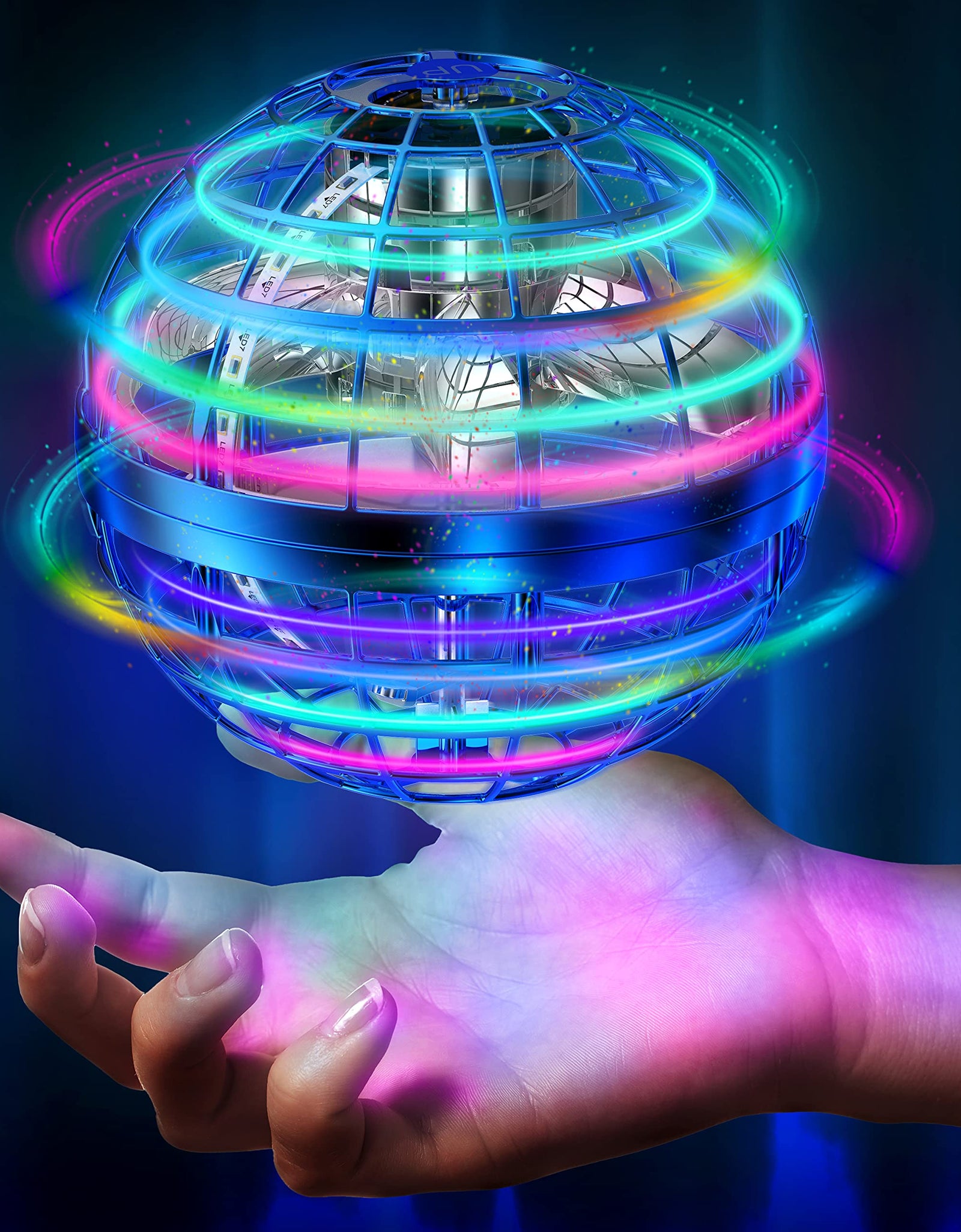 Flying Ball Toys 【New Version】 Globe Shape Magic Controller Mini Drone, Built-in RGB Lights Spinner 360° Rotating Spinning UFO Toy Fly Orb, Safe for Kids Adults Gift Outdoor Indoor (Blue)