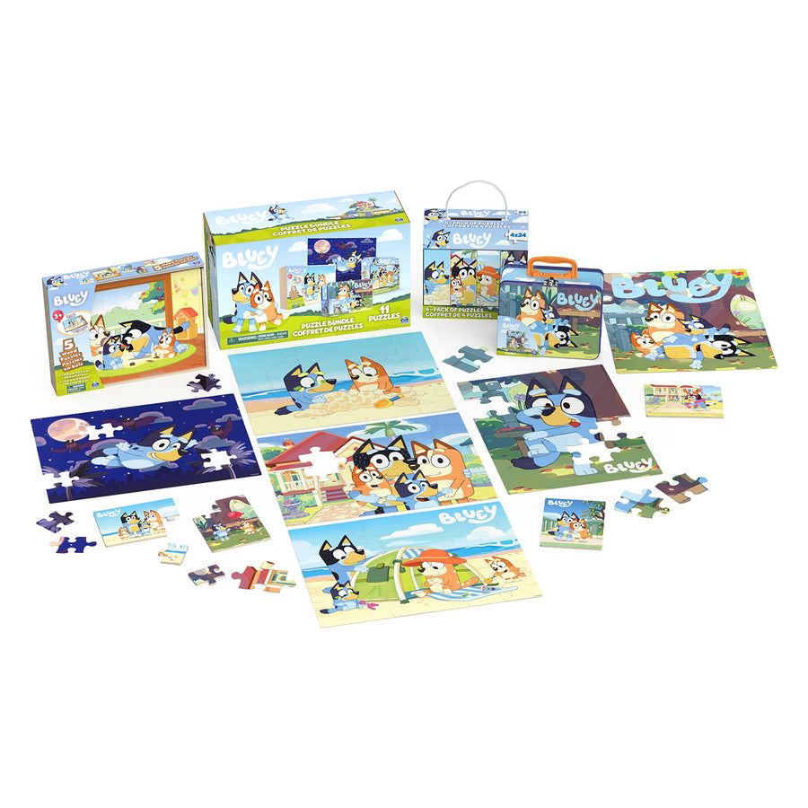 Bluey 11 Puzzle Bundle Set, 8- and 24-Piece Wood, Fuzzy, & Die-Cut Jigsaw Puzzles for Preschoolers and Kids