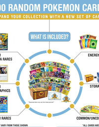 200 Assorted Pokemon Cards - 3 GX Ultra Rares, 4 Rare Cards, 3 Holographics, 90 Common/Uncommons, and 100 Energy Cards - Includes Golden Groundhog Treasure Chest Storage Box
