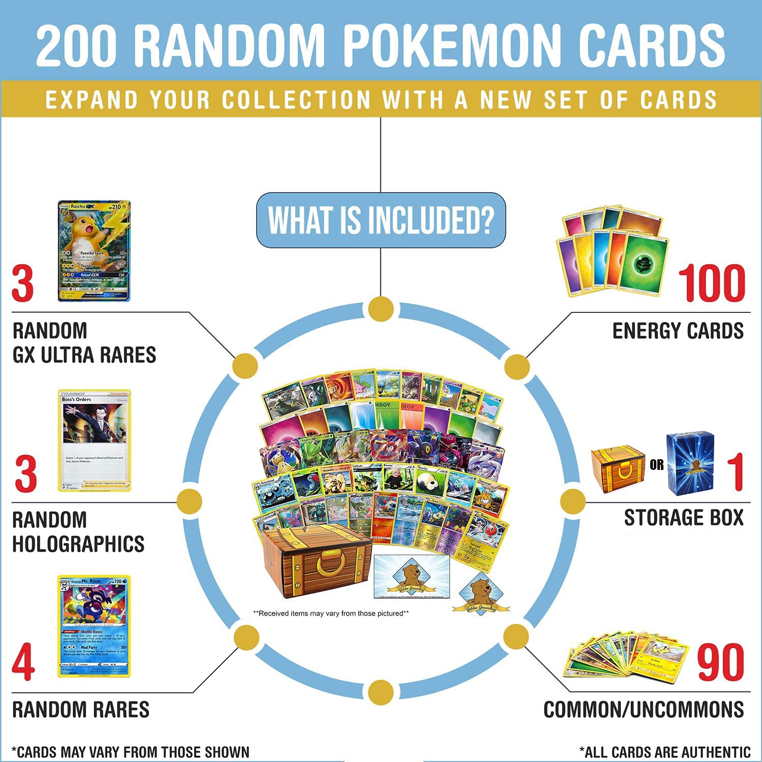 200 Assorted Pokemon Cards - 3 GX Ultra Rares, 4 Rare Cards, 3 Holographics, 90 Common/Uncommons, and 100 Energy Cards - Includes Golden Groundhog Treasure Chest Storage Box