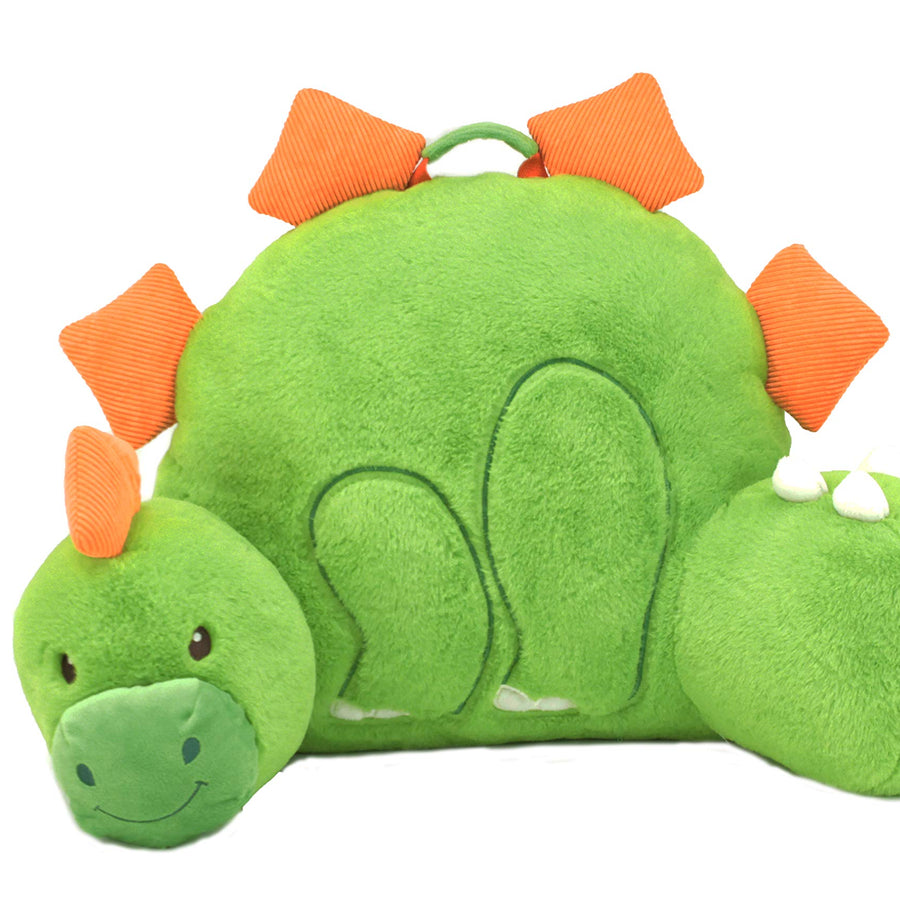 Soft Landing | Nesting Nooks | Premium Character Backrest with Carrying Handle & Back Pocket – Plush Dinosaur Backrest Green/Orange 14" x 26" x 16"