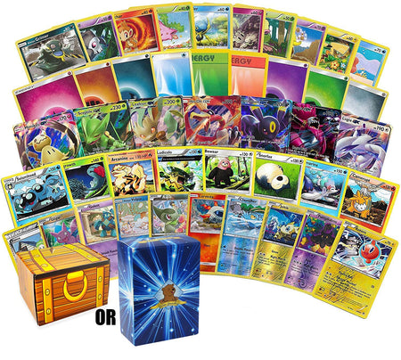 200 Assorted Pokemon Cards - 3 GX Ultra Rares, 4 Rare Cards, 3 Holographics, 90 Common/Uncommons, and 100 Energy Cards - Includes Golden Groundhog Treasure Chest Storage Box