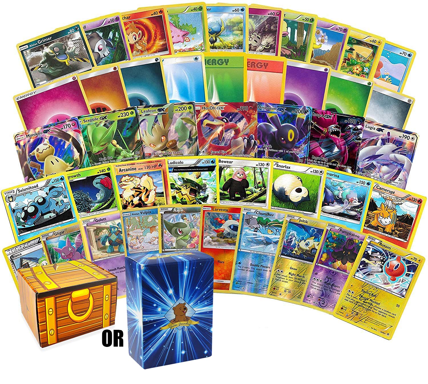 200 Assorted Pokemon Cards - 3 GX Ultra Rares, 4 Rare Cards, 3 Holographics, 90 Common/Uncommons, and 100 Energy Cards - Includes Golden Groundhog Treasure Chest Storage Box