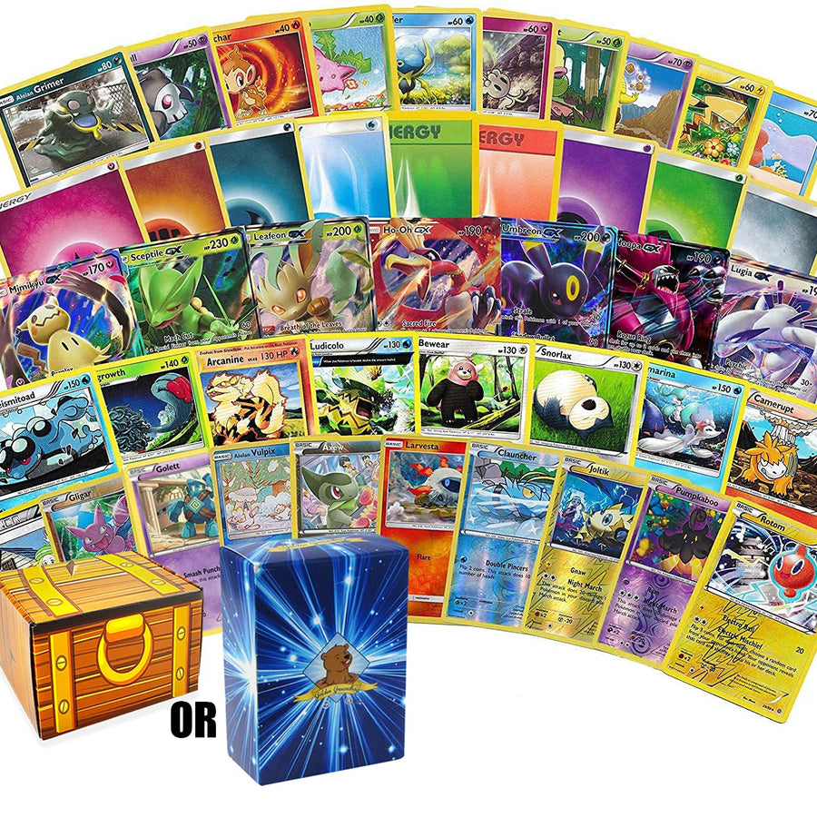 200 Assorted Pokemon Cards - 3 GX Ultra Rares, 4 Rare Cards, 3 Holographics, 90 Common/Uncommons, and 100 Energy Cards - Includes Golden Groundhog Treasure Chest Storage Box