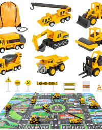 Meland Construction Vehicles Truck Toys Set with Play Mat - 8 Mini Engineer Pull Back Cars, 22.7x32.7Inch Playmat & 12 Road Signs, Toy Car Set for Boys Toddlers Birthday Christmas 3+ Year Old
