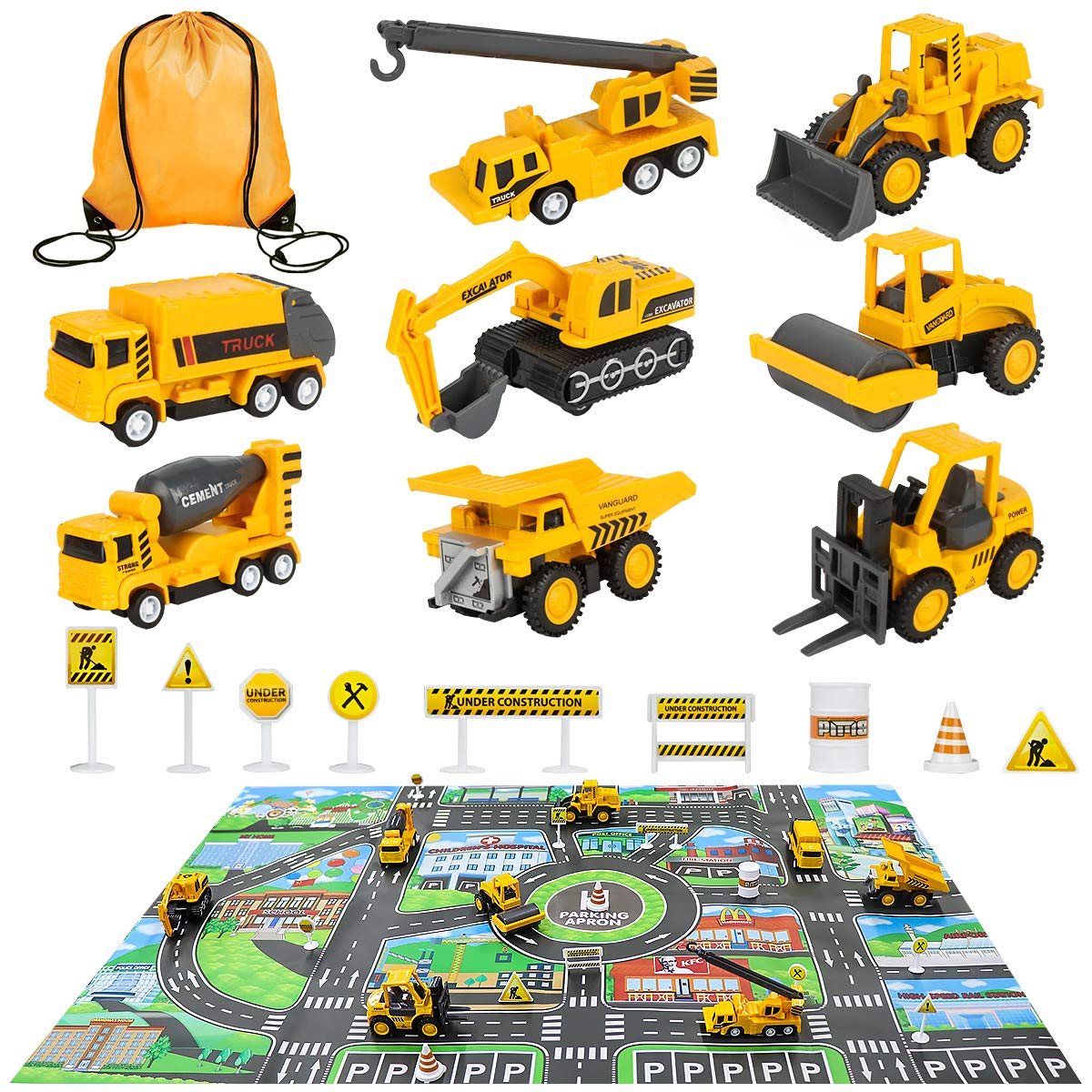 Meland Construction Vehicles Truck Toys Set with Play Mat - 8 Mini Engineer Pull Back Cars, 22.7x32.7Inch Playmat & 12 Road Signs, Toy Car Set for Boys Toddlers Birthday Christmas 3+ Year Old