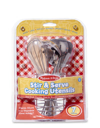 Melissa & Doug Stir and Serve Cooking Utensils (7 pcs) - Stainless Steel and Wood
