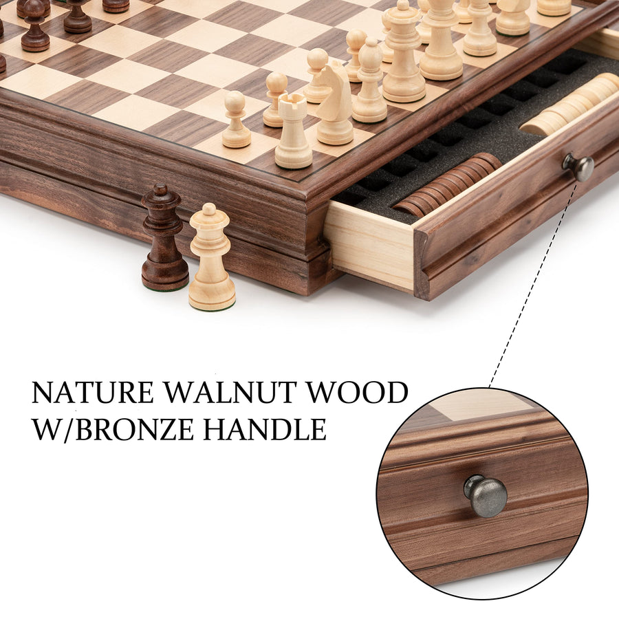 A&A 15" WOODEN CHESS & CHECKERS / Storage Drawer / 3" King Height German Knight Staunton Chess Pieces / Walnut Box w/Walnut & Maple Inlay / 2 Extra Queen / Classic 2 in 1 Board Games