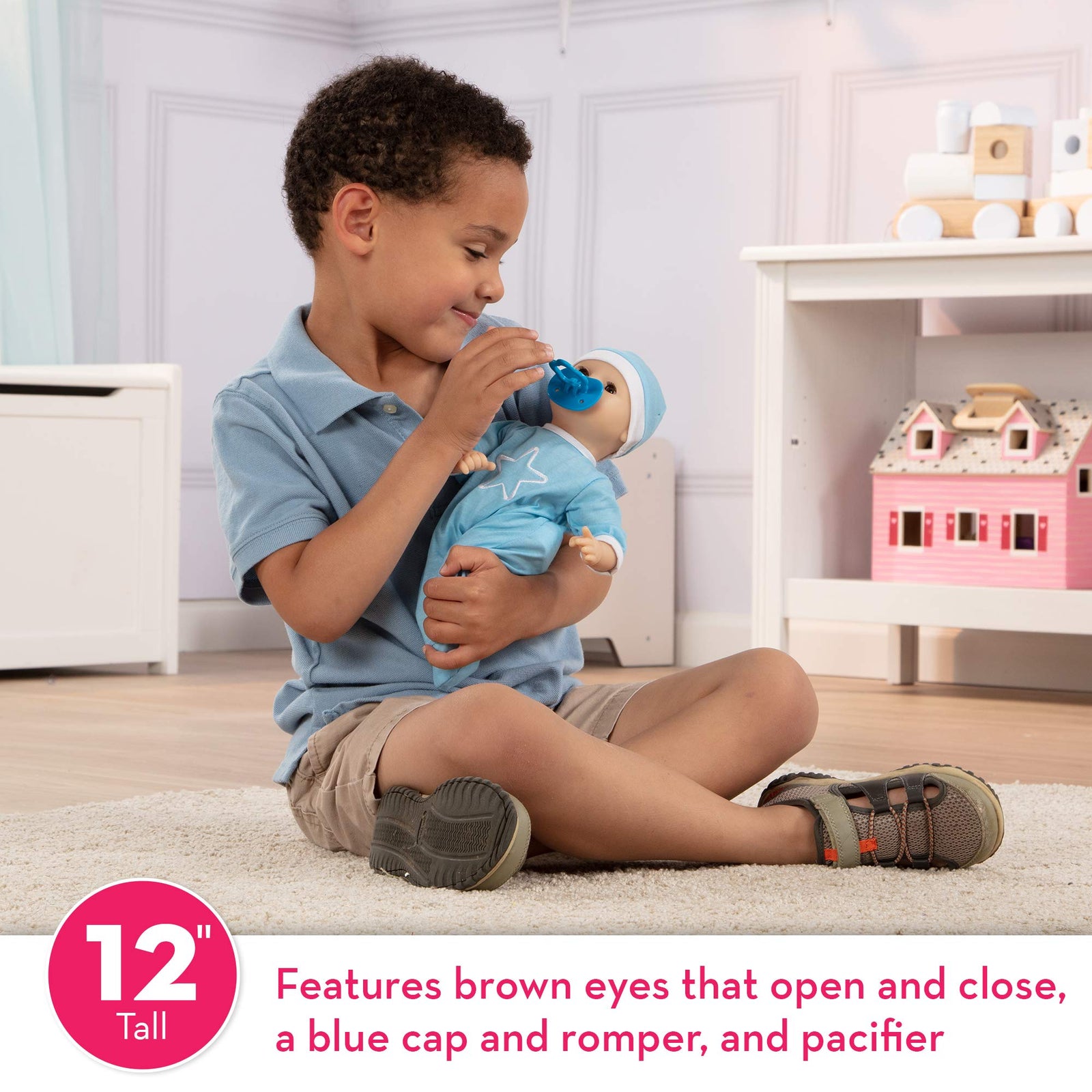 Melissa & Doug Mine to Love Jordan 12” Light Skin-Tone Boy Baby Doll with Romper, Cap, Pacifier