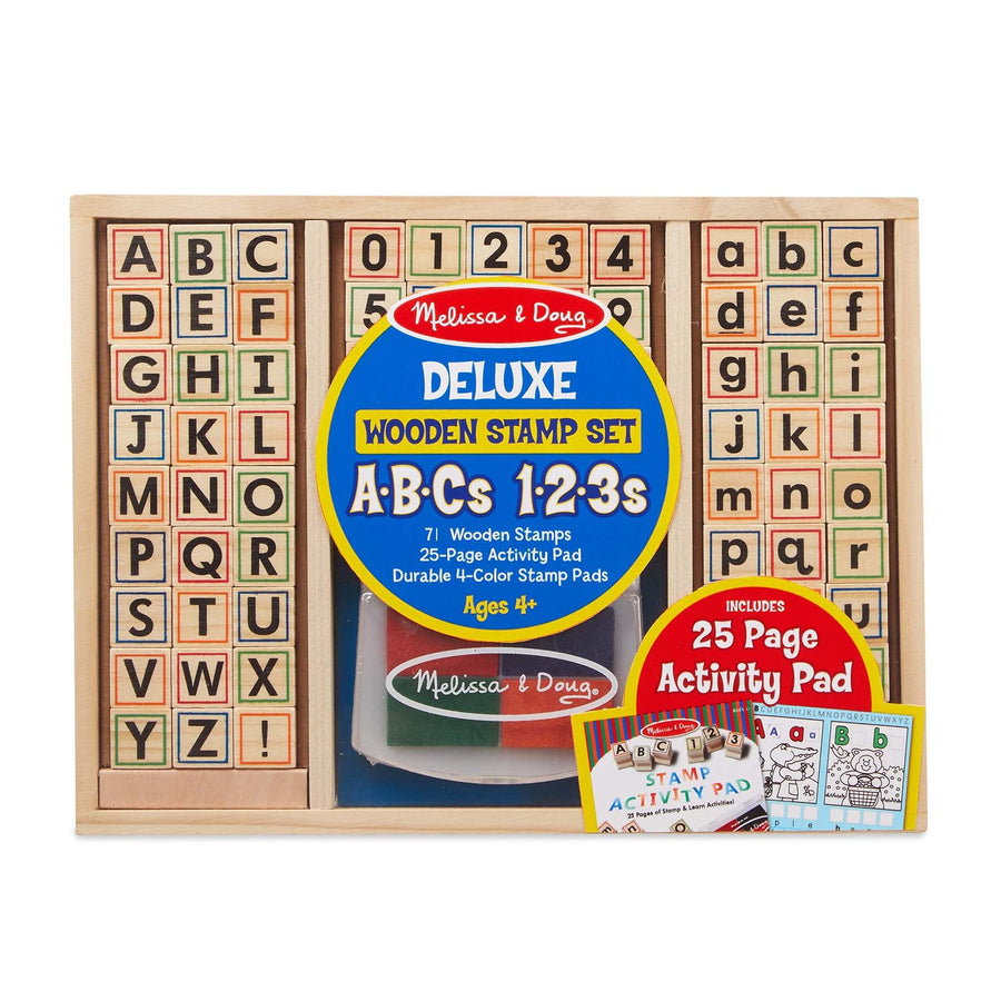 Melissa & Doug Deluxe Letters and Numbers Wooden Stamp Set ABCs 123s With Activity Book, 4-Color Stamp Pad