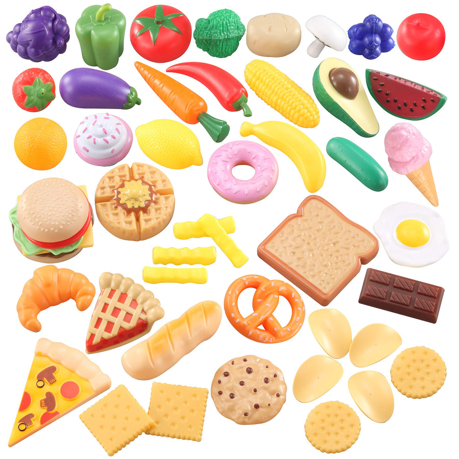 JOYIN 50 Pieces Kids Plastic Play Food Toys, Fake Food, Pretend Kitchen Playset, Toddler Imaginative Development Toys, Fun Educational Game Accessories, Bithday Gifts Party Supplies